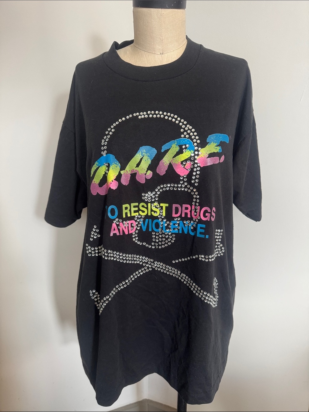LF Black D.A.R.E. Rhinestone Graphic Tee - Neon Rainbow Text